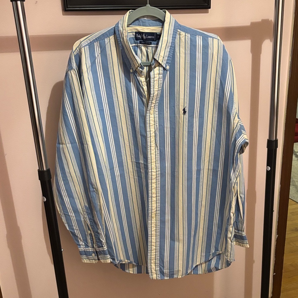 Ralph Lauren Men's Blue and Cream Striped Shirt